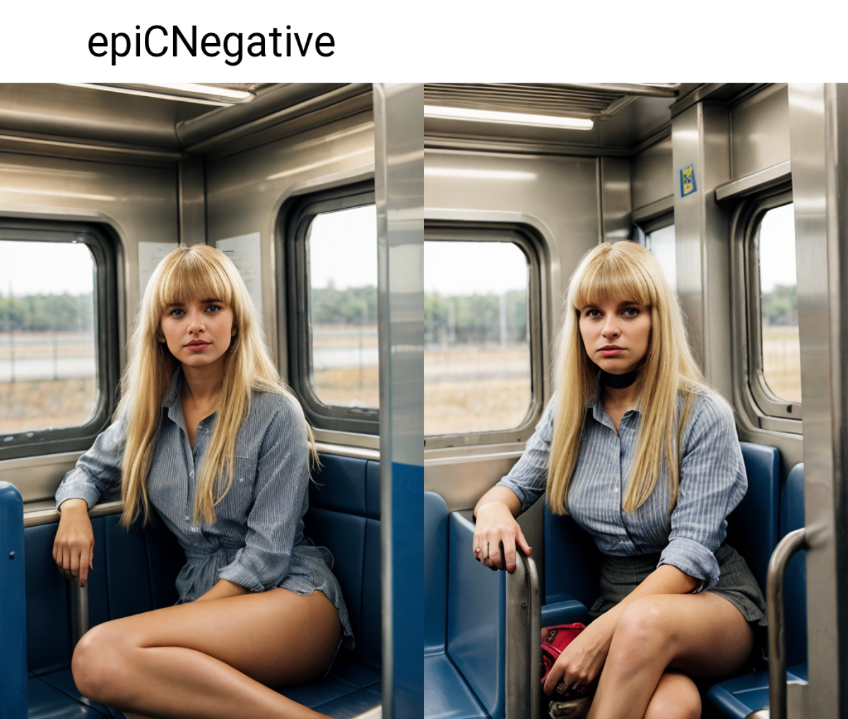 photo, woman sitting in a train, blonde hair, bangs